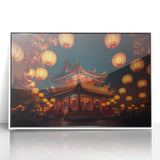 Art deco poster of Kyoto scenery in muted greens and browns on acrylic, framed, ideal for modern nursery wall decor.