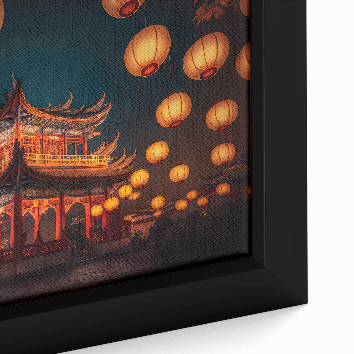 Extra large black wall art on framed canvas depicting a textured, colorful Kyoto scenery, ideal for living room decor.