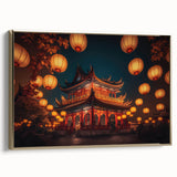 Framed canvas featuring a vintage-style landscape painting of Kyoto with black and gold tones, ideal for bedroom wall art.