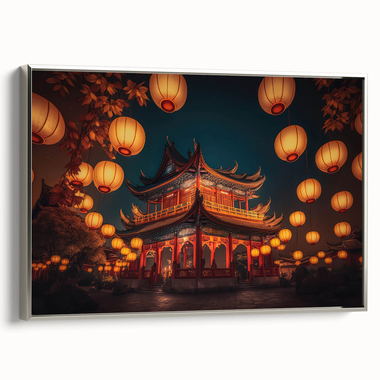 Landscape art painting of Kyoto with colorful autumn trees and traditional architecture on framed canvas.