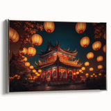 Landscape art painting of Kyoto with colorful autumn trees and traditional architecture on framed canvas.