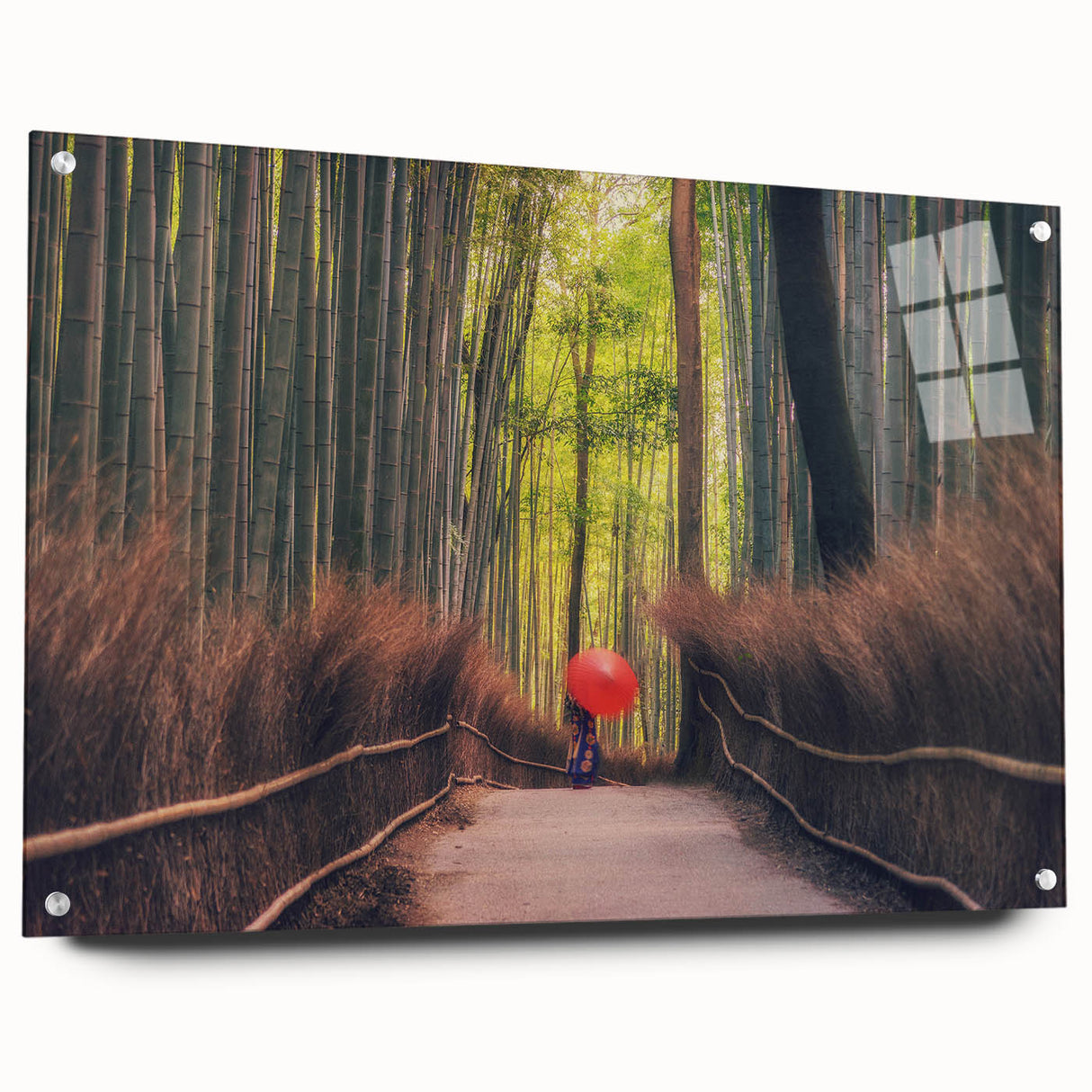 Large abstract wall art depicting a serene Japanese scenery in muted earth tones on acrylic glass.