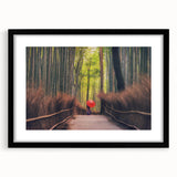 Extra large abstract art print of a colorful, textured Japanese scenery on a framed black canvas.