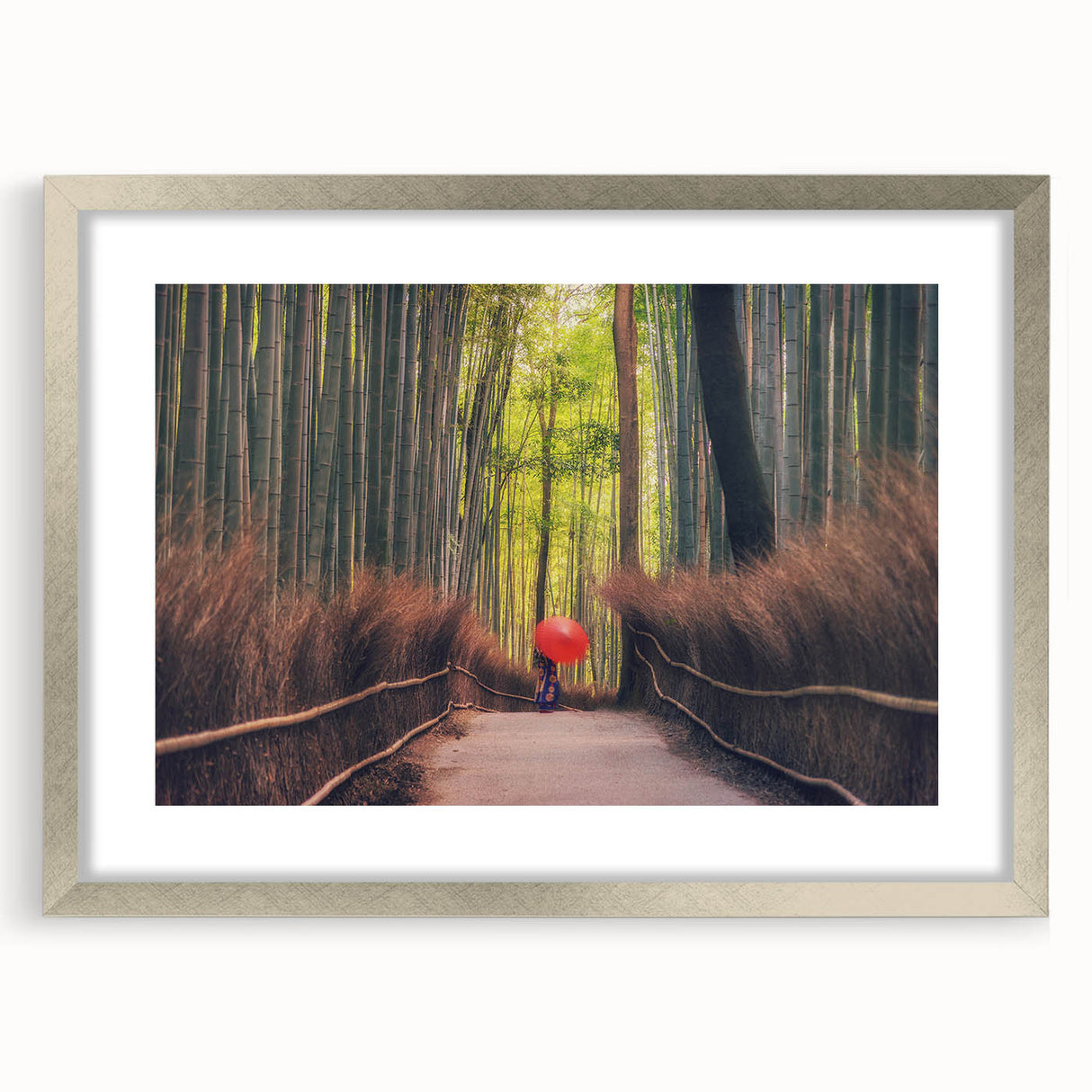 Textured abstract art print depicting a serene Japanese landscape in muted gray and silver tones, framed with a silver mat.