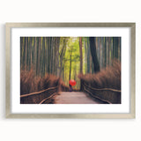 Textured abstract art print depicting a serene Japanese landscape in muted gray and silver tones, framed with a silver mat.