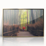 Large art print of a serene Japanese landscape in muted gold and green tones on framed acrylic.