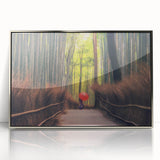 Mid-century modernist art depicting a serene Japanese landscape in muted earth tones on a framed acrylic panel.