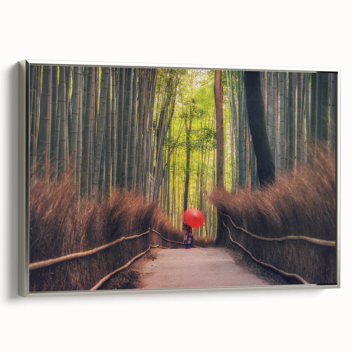 Landscape art painting of a Japanese scenery in muted colors on a framed canvas, ideal for living room decor.