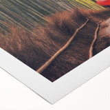 Art deco poster of a Japanese landscape on rolled canvas, featuring muted earth tones, ideal for dining room wall art.