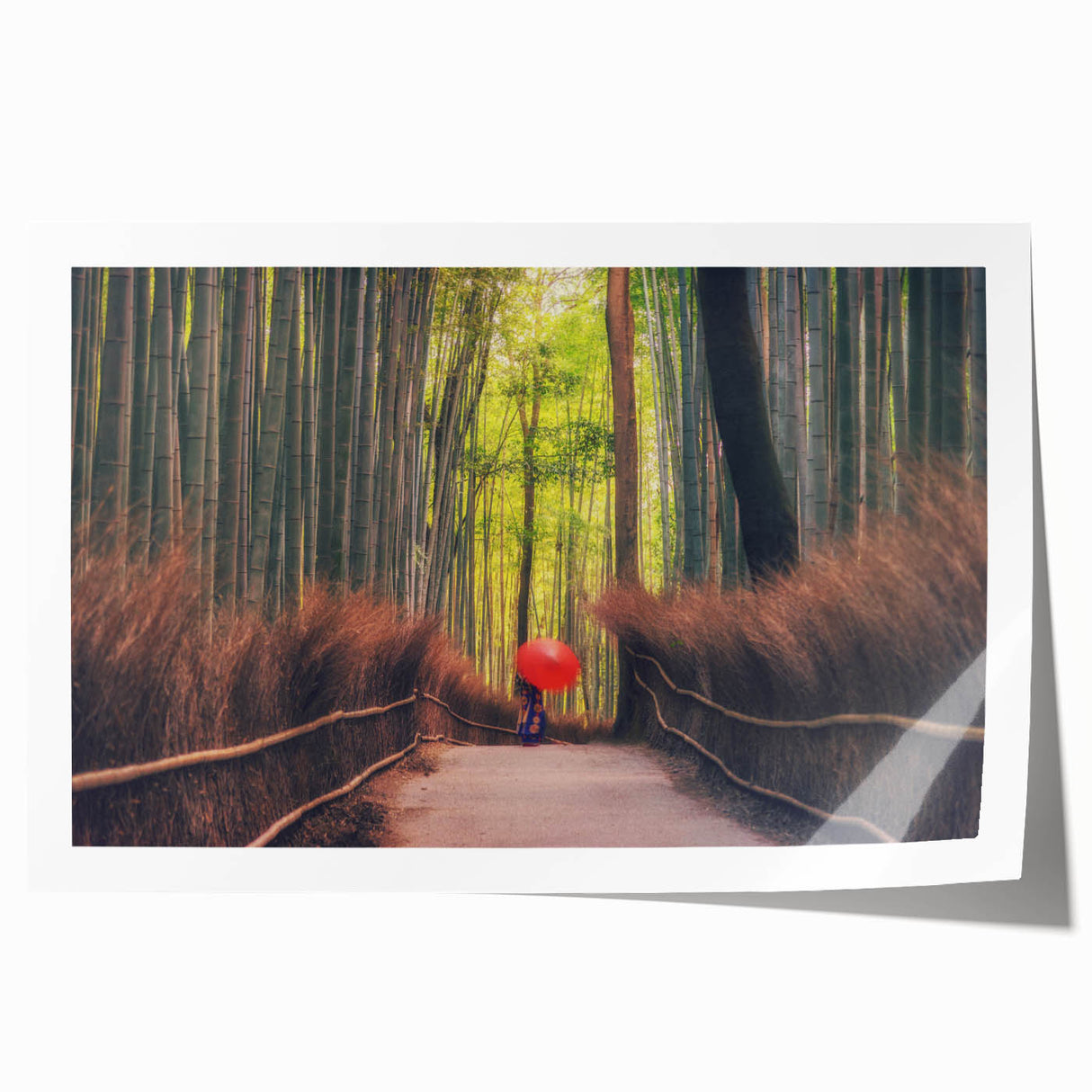 Extra large rolled print of a Japanese scenery with delicate floral elements in soft pastel shades.