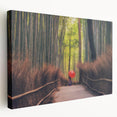 Large art depicting a serene Japanese landscape in muted green and blue tones on stretched canvas.