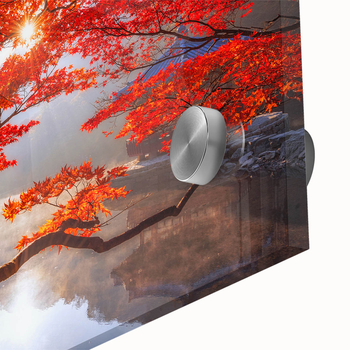 Large abstract wall art depicting a Korean landscape in muted earth tones on acrylic glass, ideal for dining room art.
