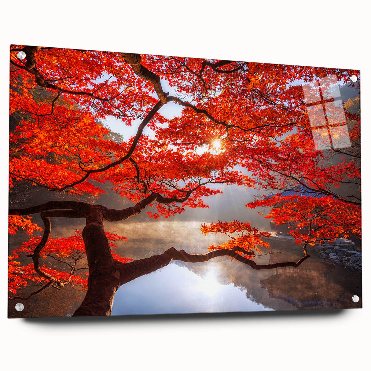 Large abstract wall art depicting vibrant Asian scenery on acrylic glass, ideal for bedroom or dining room decor.
