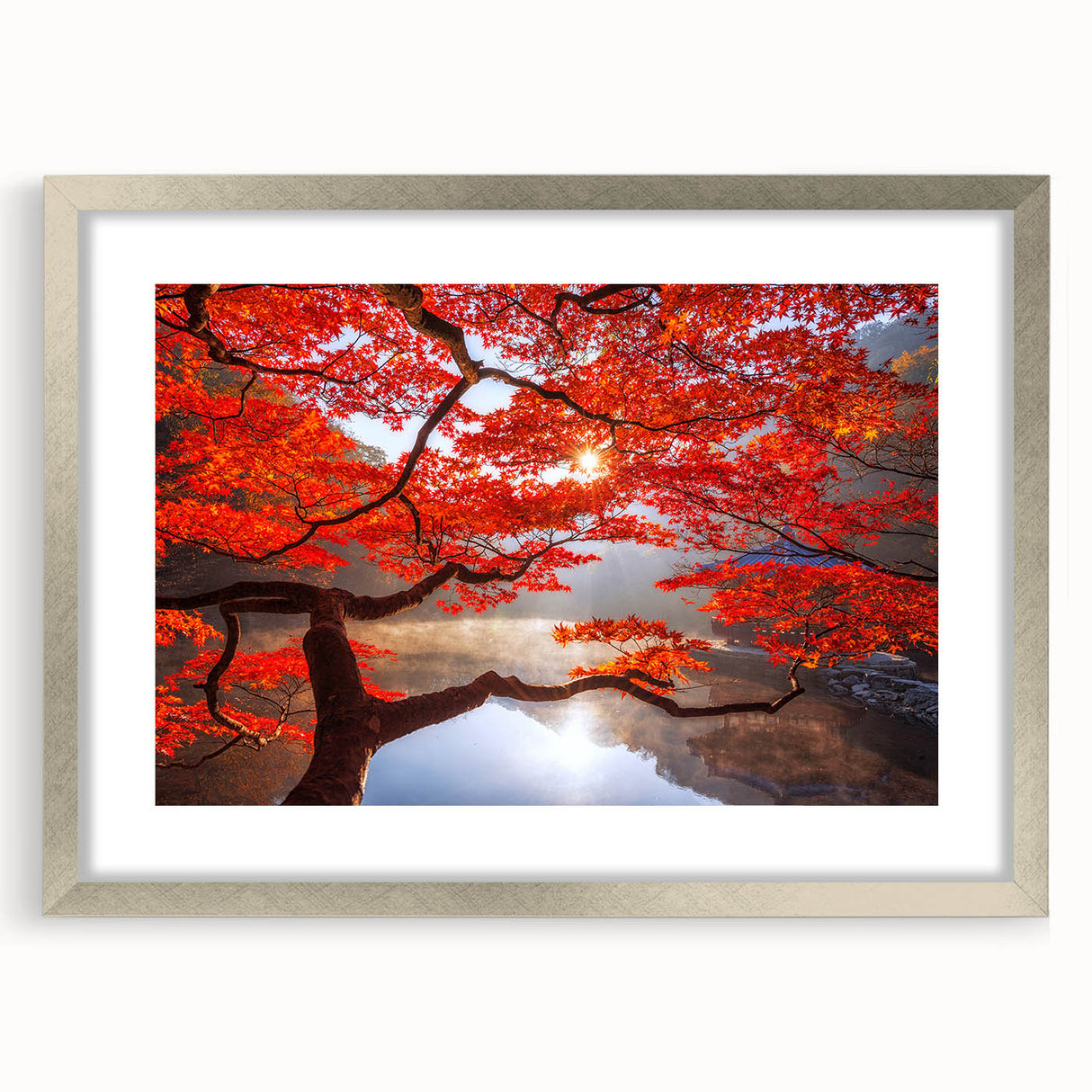 Textured abstract art print depicting a serene Asian landscape in muted earth tones, framed in silver, ideal for bedroom art.