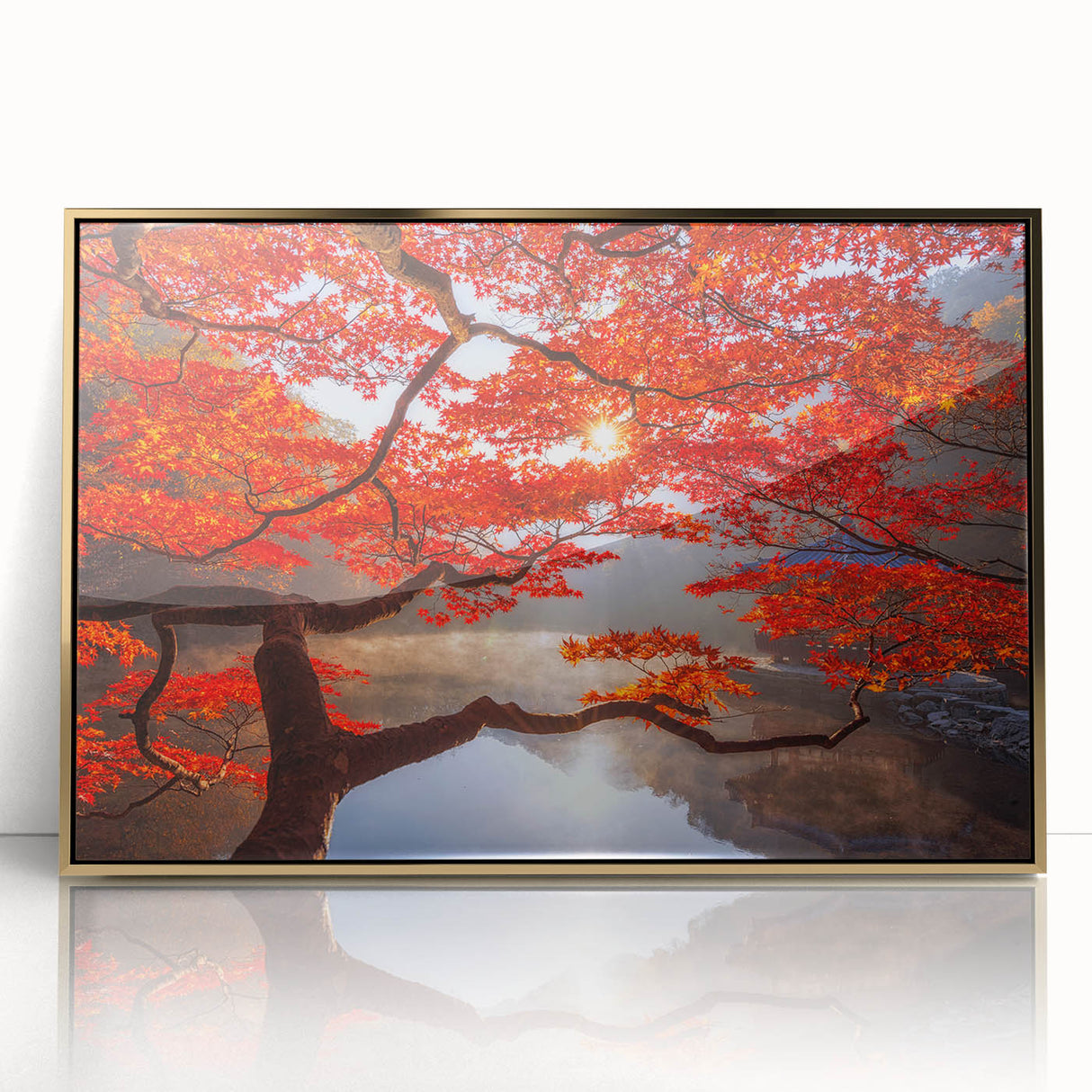 Large art print of a serene Korean landscape in muted gold tones on a framed acrylic, ideal for modern art wall decor.