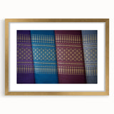 Extra large abstract art print depicting a textured Laos scenery in muted earth tones, framed in gold.