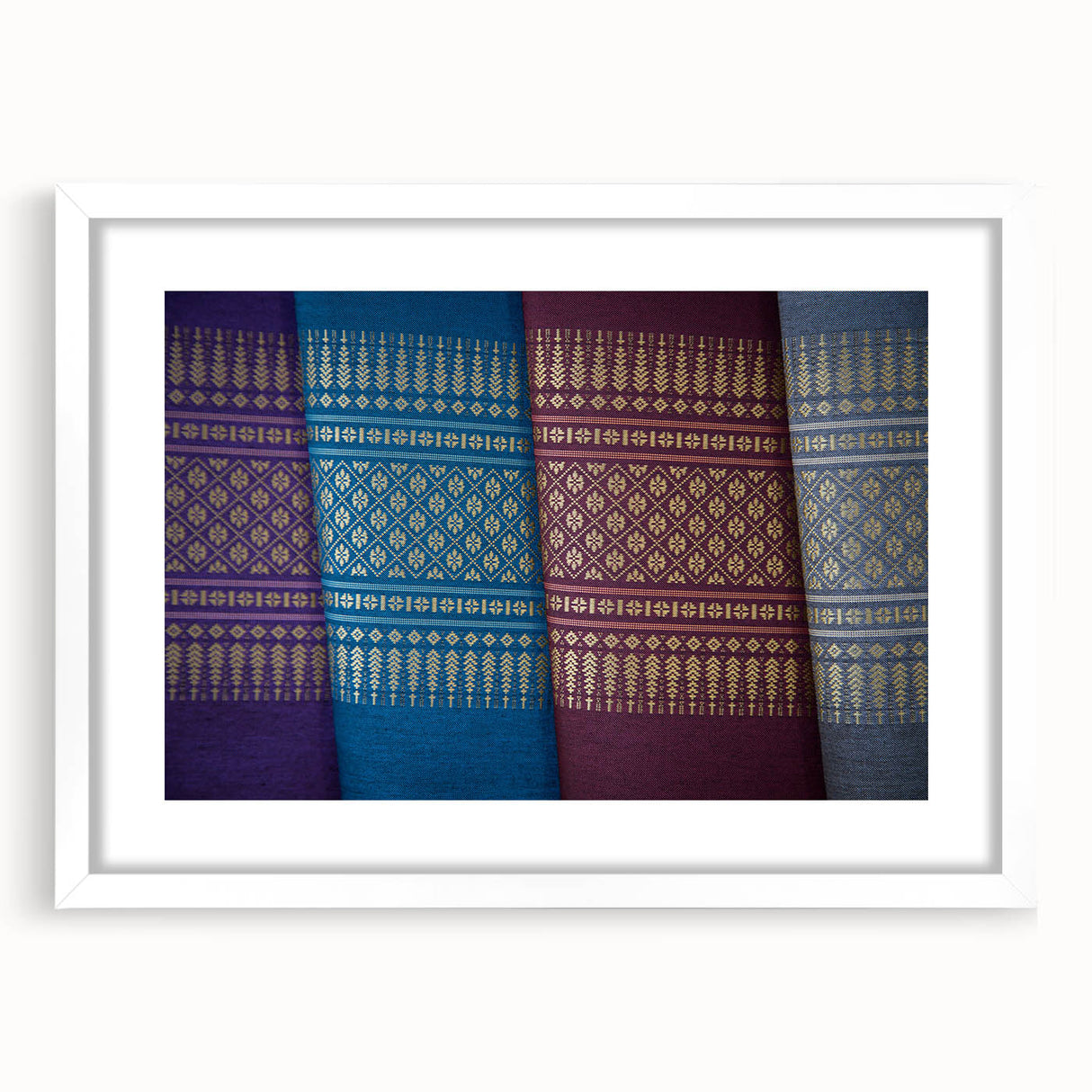 Abstract art print depicting a serene Laos landscape in muted earth tones, framed with a white mat.