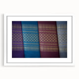 Abstract art print depicting a serene Laos landscape in muted earth tones, framed with a white mat.