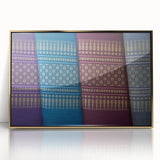 Mid-century modernist style large art print of a Laotian landscape in gold tones on framed acrylic.