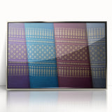 Mid-century modernist art depicting a Laotian landscape in muted earth tones, framed acrylic print.