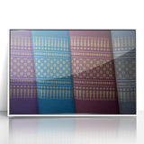 Art deco poster of a Laotian landscape in muted green and blue tones, acrylic print framed in white.