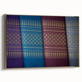 Framed canvas featuring a vintage-style landscape painting of Laos scenery, with muted gold and black tones.