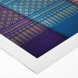 Art deco poster featuring a serene Laos landscape in muted green and blue tones, printed on rolled canvas.