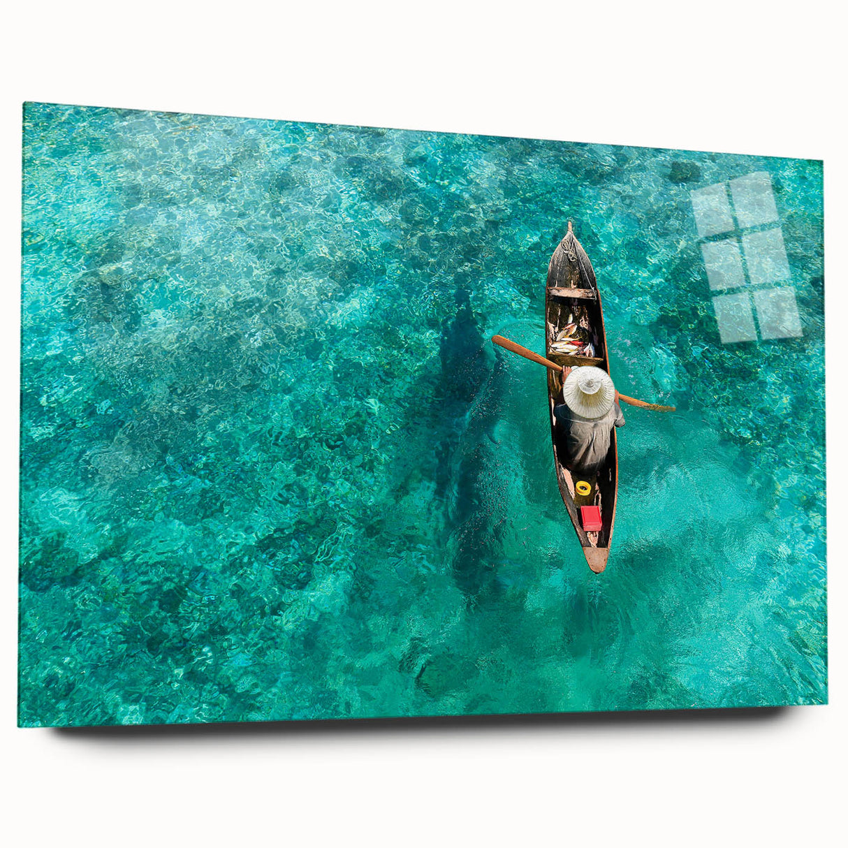 Large abstract wall art depicting a serene Malaysian landscape in muted green and blue tones, acrylic print.