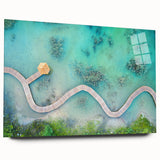 Large abstract wall art depicting the Maldives in muted blue and green tones on acrylic glass.