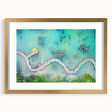 Extra large abstract art print depicting a textured Maldivian scenery in pastel shades, framed in gold.