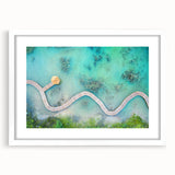 Abstract art print of a serene Maldivian seascape in soft blue and white tones on a framed canvas.