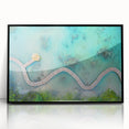 Large abstract wall art depicting a serene Maldivian landscape in muted blue and green tones, framed in black acrylic.