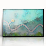 Large abstract wall art depicting a serene Maldivian landscape in muted blue and green tones, framed in black acrylic.