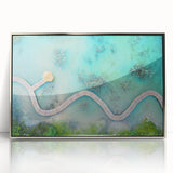 Mid-century modernist art depicting the Maldives scenery in silver-framed acrylic, suitable for nursery wall art.