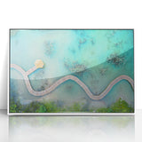 Art deco poster of a Maldivian landscape, featuring serene blue waters and sky on white framed acrylic.