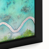 Close-up of extra large black wall art featuring a textured Maldivian scenery on framed canvas.