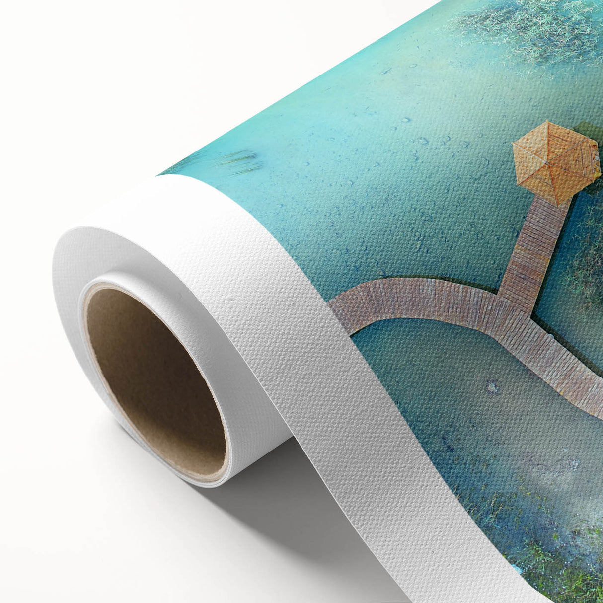Art deco poster of Maldives scenery with serene blue and green tones on a rolled canvas, ideal for nursery wall art.