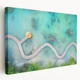 Large art print of a serene Maldivian beach on stretched canvas, featuring soft blue and white tones.