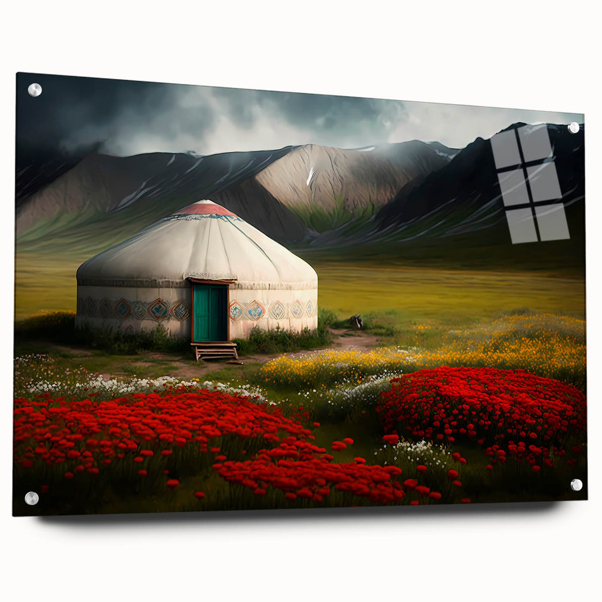 Abstract Mongolian landscape on acrylic glass, featuring earthy and blue tones, suitable for bedroom or dining room decor.