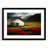 Extra large abstract art print featuring textured, colorful scenery of Mongolian landscape on a black framed canvas.
