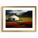 Extra large abstract art print of a Mongolian landscape in textured style, with gold frame, ideal for living room decor.