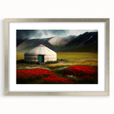 Textured abstract art print of a Mongolian landscape in silver frame, using muted earth tones, ideal for bedroom art.