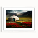 Abstract art print of a Mongolian landscape in muted earth tones on a framed white mat, ideal for dining room decor.