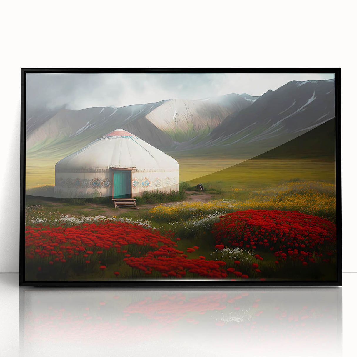 Large abstract wall art depicting a Mongolian landscape in muted earth tones on a framed acrylic print.
