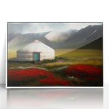 Framed acrylic print depicting a serene Mongolian landscape in muted earth tones, ideal for modern art wall decor.