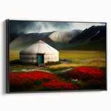 Large framed canvas of a black and white Mongolian landscape, ideal for bedroom wall decor.