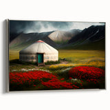 Landscape art painting of a Mongolian scenery on framed canvas, featuring vibrant colors against a black background.