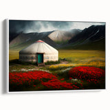 Vintage poster art of a Mongolian landscape on a framed canvas, featuring colorful art with a black border.