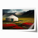 Extra large rolled print of a Mongolian landscape with vibrant green and blue tones, ideal for dining room wall art.
