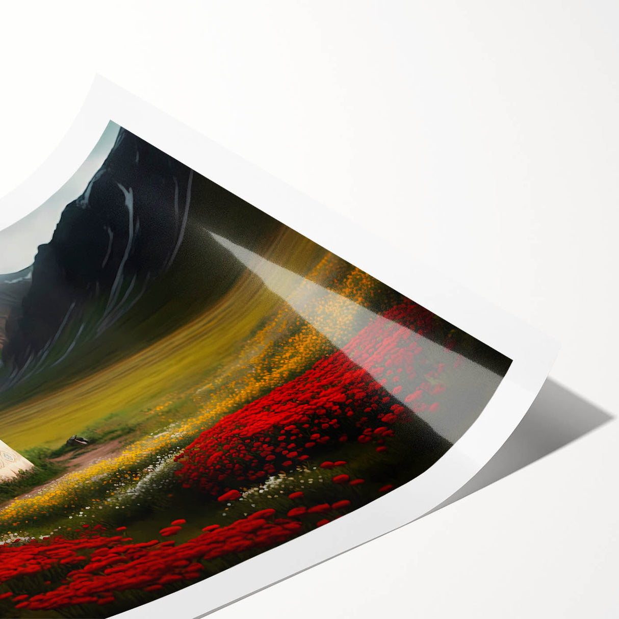 Extra large wall art featuring line art flowers in black on a white background, rolled print.